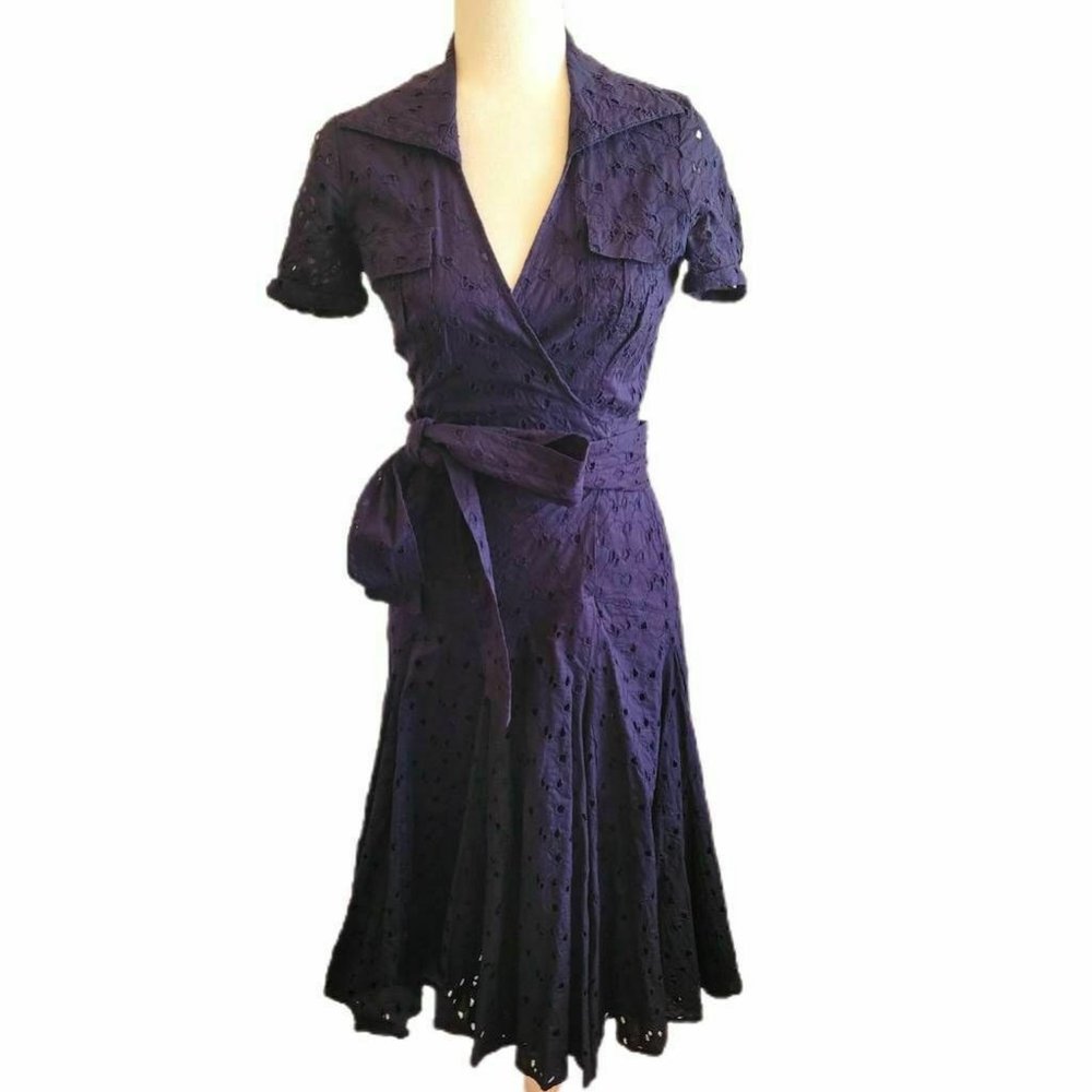 Diane Von Furstenberg Womens Faux Wrap Dress Blue Eyelet Pockets Short Sleeve 4